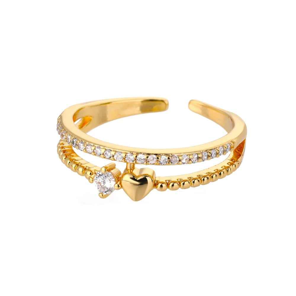 ANEL AJUSTÁVEL CORAÇÃO E ZIRCÔNIAS BANHADO EM OURO 18K - AN229