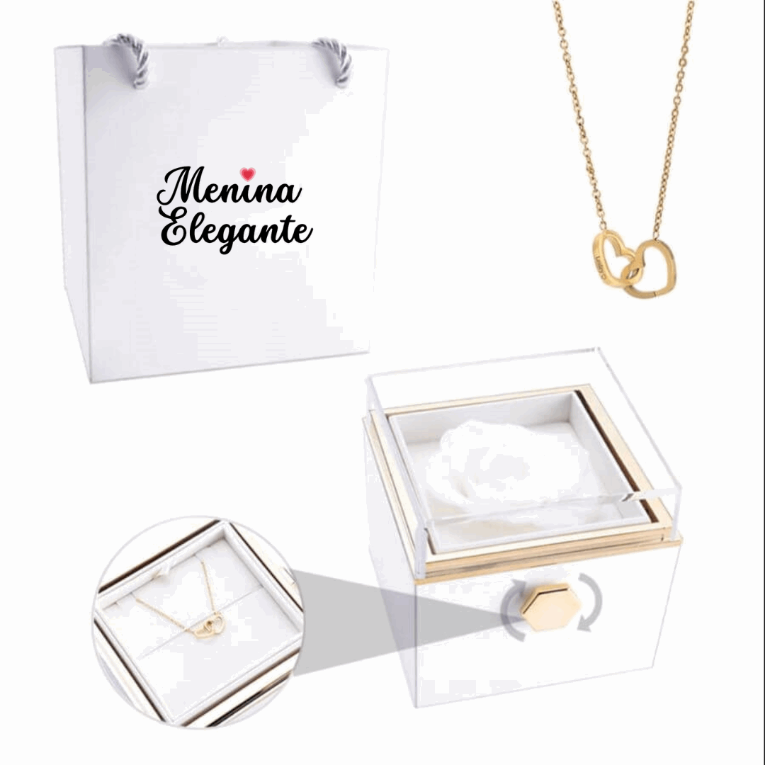 Amor de Rosas™️ | PINGENTE PERSONALIZADO | COLAR COM NOMES E CAIXA ROTATIVA COM ROSA PRESERVADA