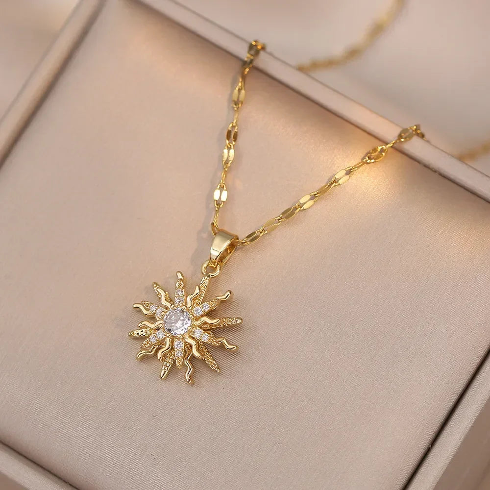 Sun Necklace with Cubic Zirconia - 18K Gold Plated