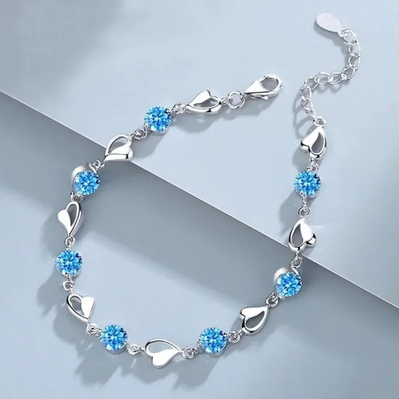 925 Sterling Silver Hearts and Blue Dot Bracelet
