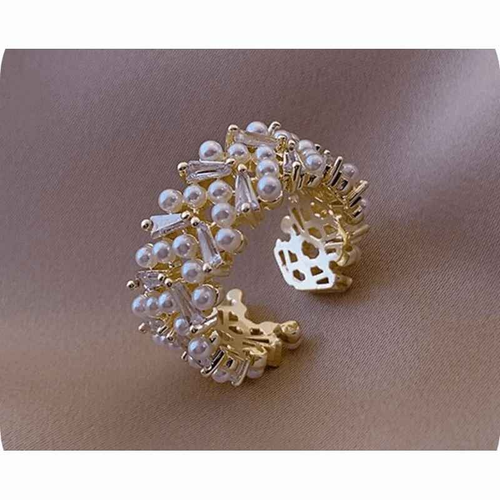 Adjustable Pearl and Crystal Ring 18K Gold Plated
